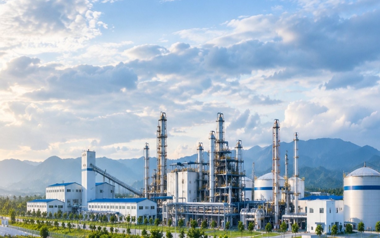 A chemical plant with towers, tanks, and piping, set against mountains