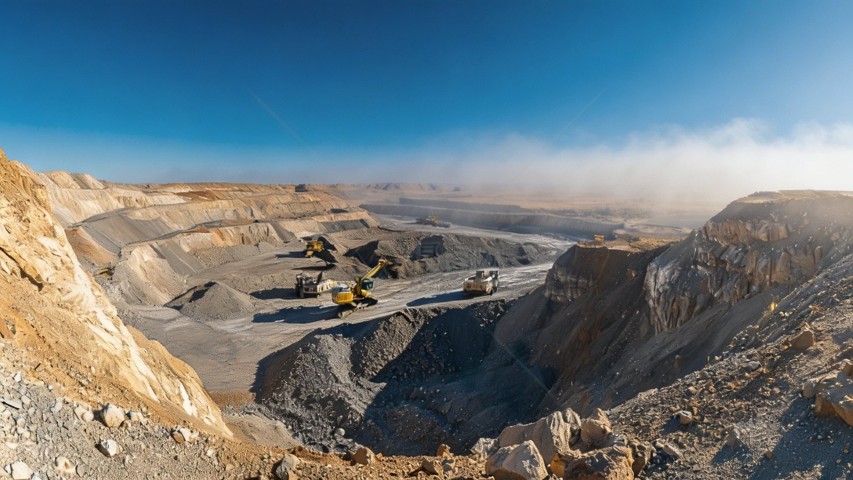Excavators and trucks working in a wide open-pit mine